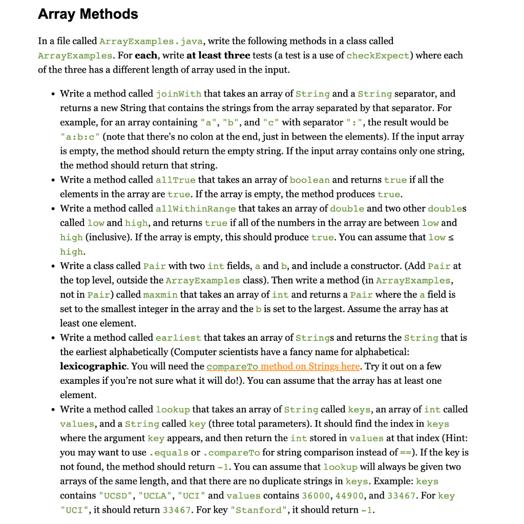 Array Methods In a file called ArrayExamples. java, | Chegg.com