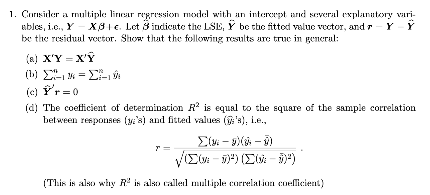 Solved = i=1 1. Consider a multiple linear regression model | Chegg.com