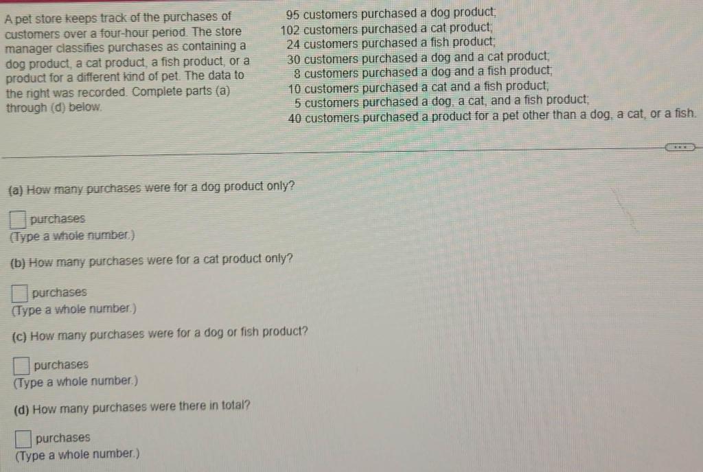 Solved A pet store keeps track of the purchases of