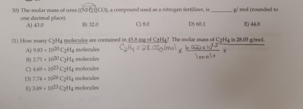 Solved mol rounded to 30 The molar mass of urea Chegg