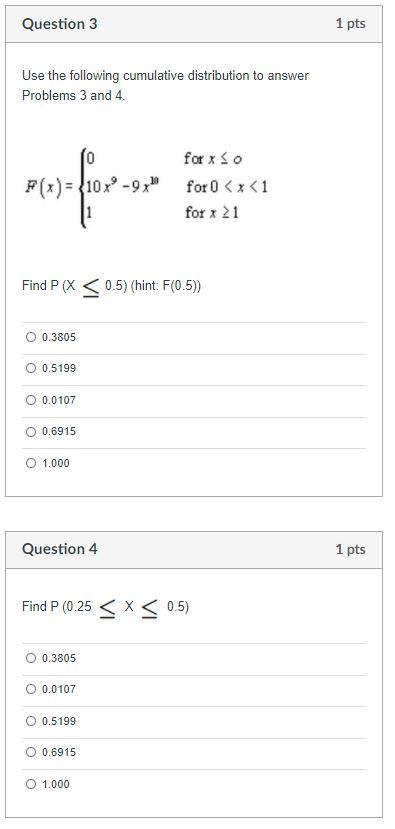 Solved Question 3 1 pts Use the following cumulative | Chegg.com