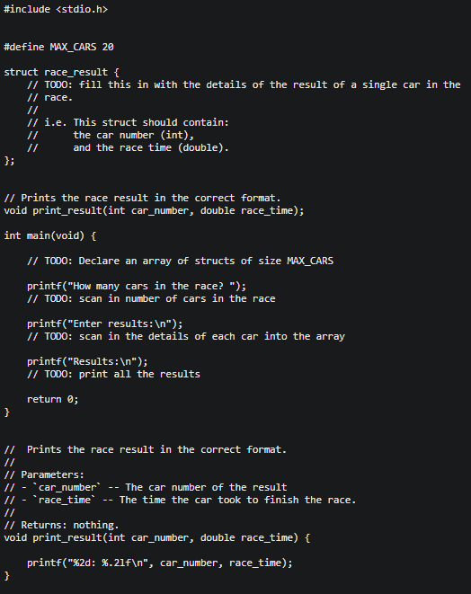 Solved Complete the C program race_results_style.c, so that | Chegg.com