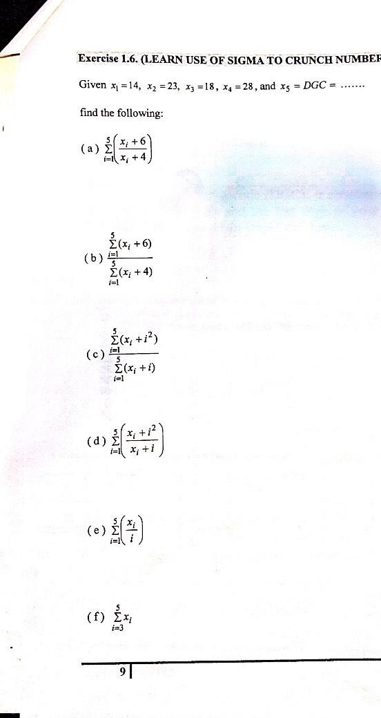 Solved Exercise 1.5. (LEARN USE OF SIGMA TO CRUNCH NUMBERS | Chegg.com