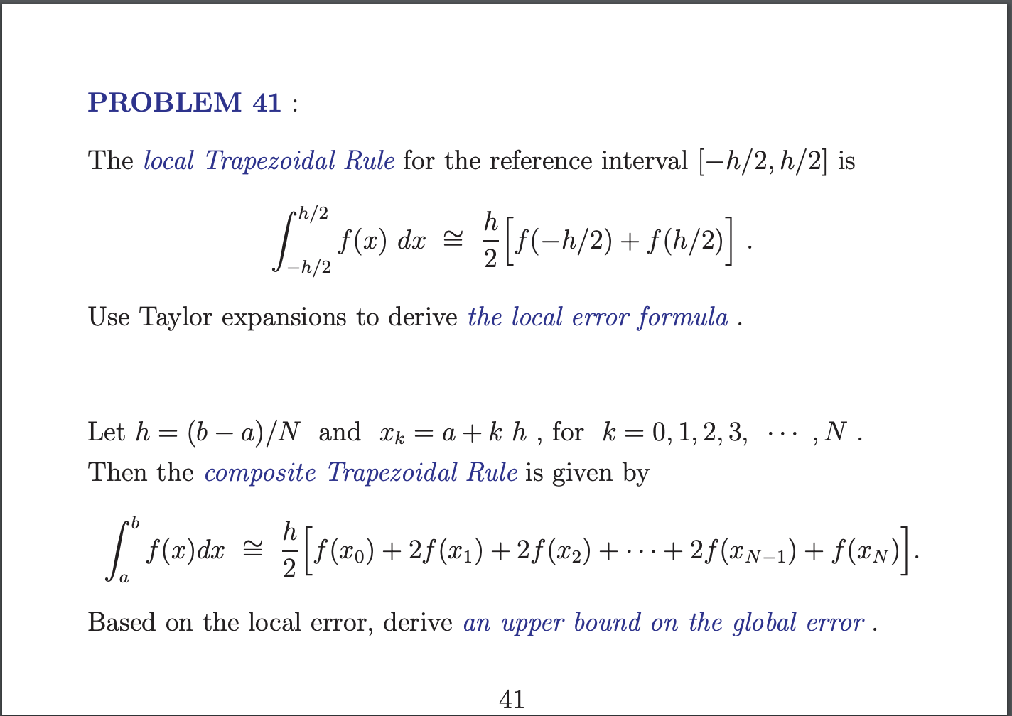 Solved PROBLEM 41 : The local Trapezoidal Rule for the | Chegg.com