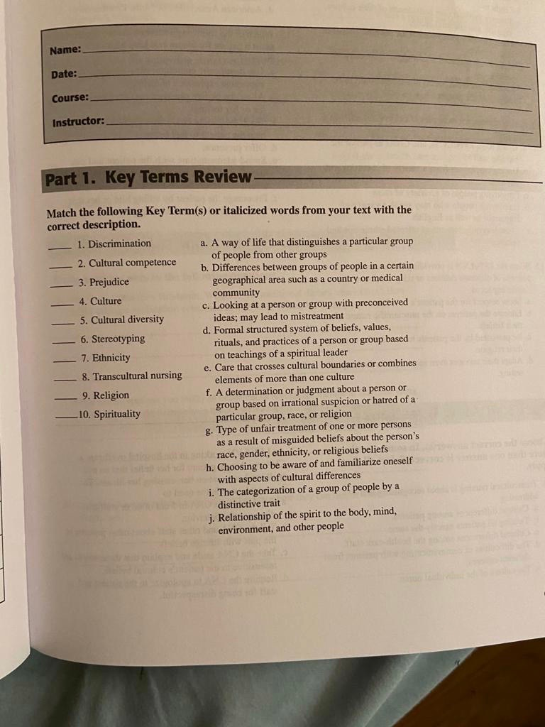 Solved Match the following Ket Term(s) or italicized words | Chegg.com