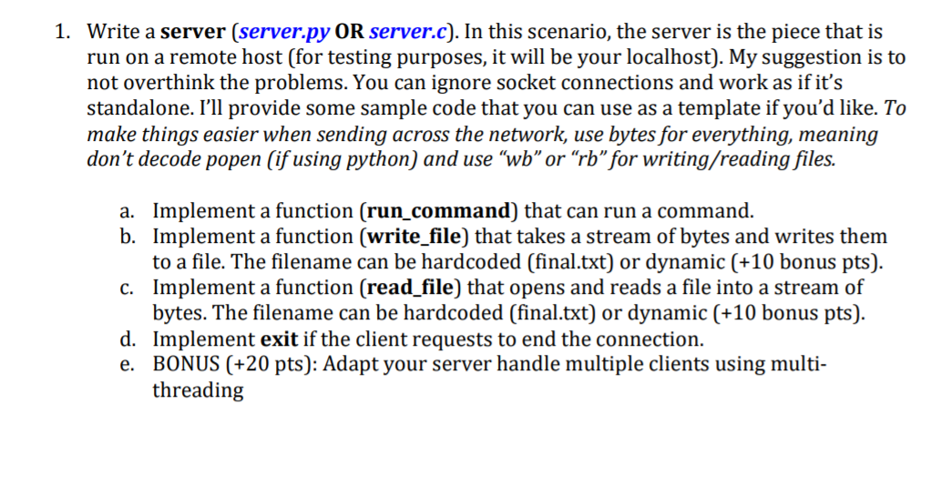 1. Write a server (server.py OR server.c). In this | Chegg.com