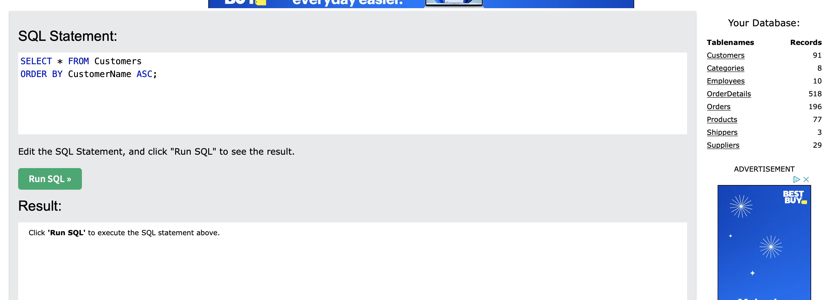 Solved SQL use sql tryit editor v1.6 Your Name: | Chegg.com