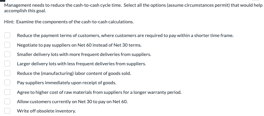 Solved Management needs to reduce the cash-to-cash cycle | Chegg.com