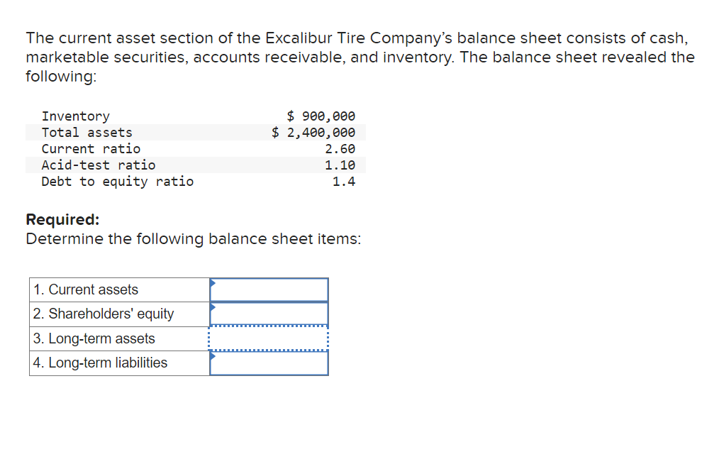 The current asset section of the Excalibur Tire Companys balance sheet consists of cash, marketable securities, accounts rec