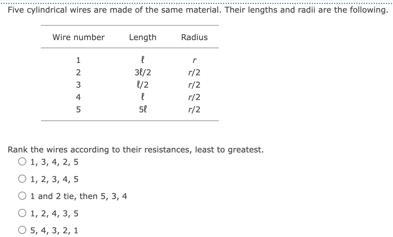 Five cylindrical wires are made of the same material. Their lengths and radii are the following.
Rank the wires according to