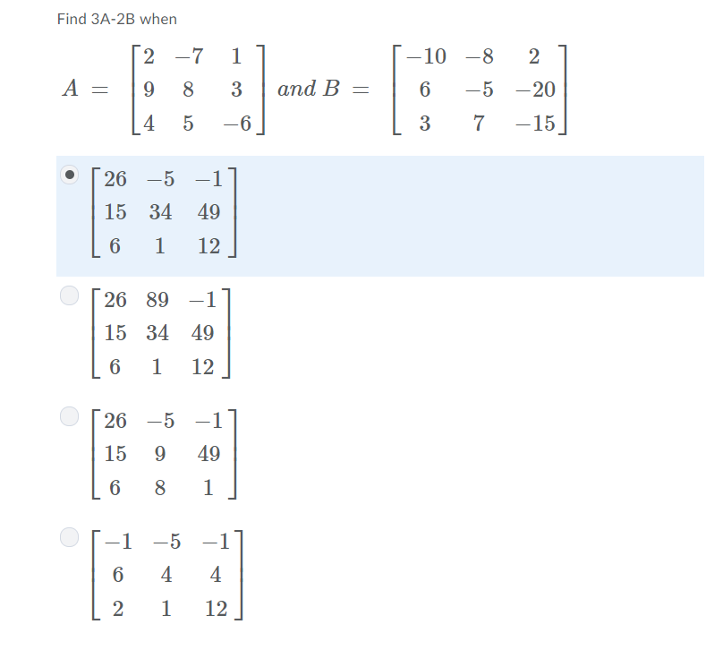 Solved Find 3A-2B When 2 -7 1 10-8 A9 8 3 And B6 -5 -20 3 | Chegg.com