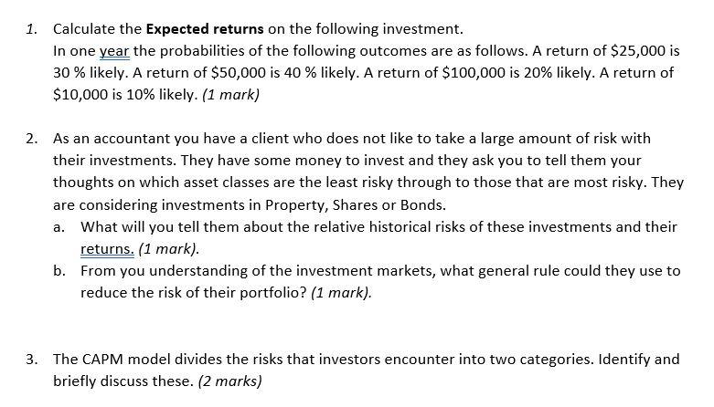 Solved 1. Calculate the expected returns on the following | Chegg.com