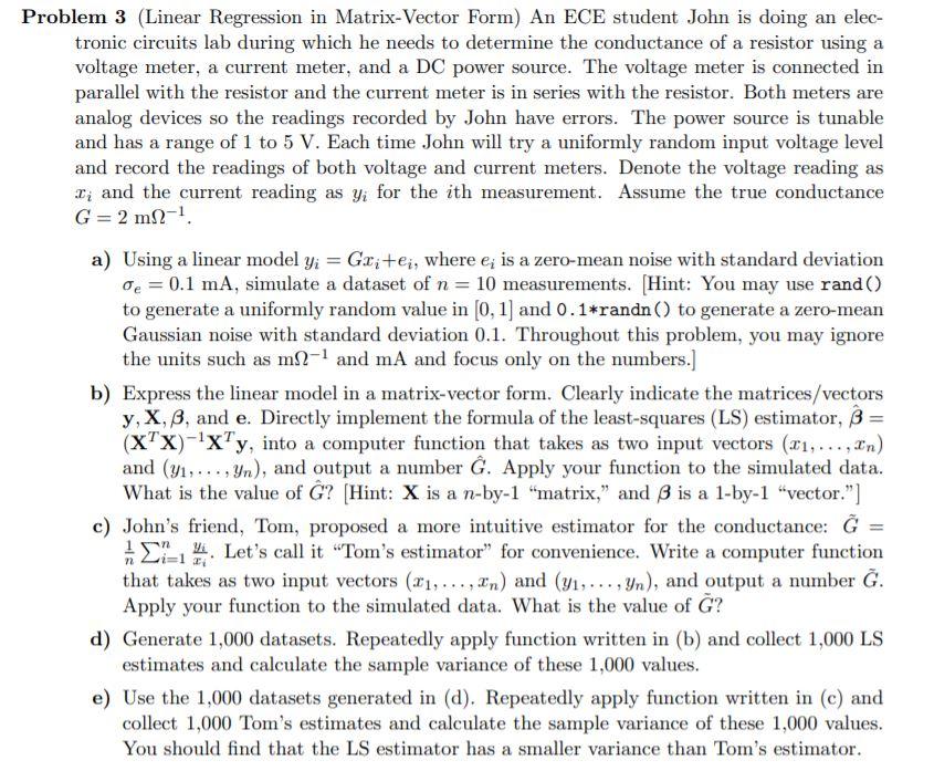 Problem 3 (Linear Regression in Matrix-Vector Form) | Chegg.com