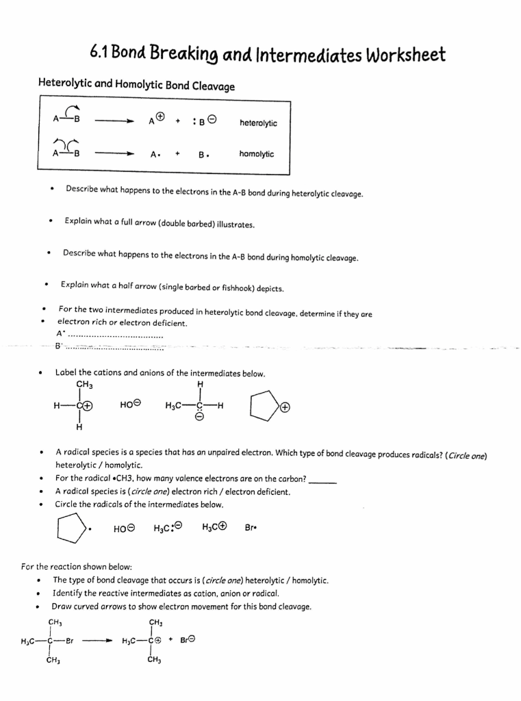 Solved 6.1 Bond Breaking And Intermediates Worksheet | Chegg.com