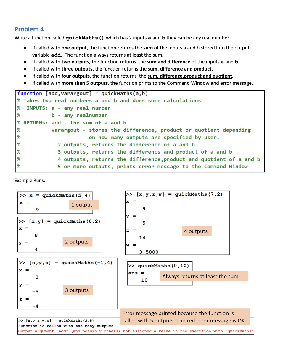 Solved Problem 4 Write a function called quickMaths () which | Chegg.com