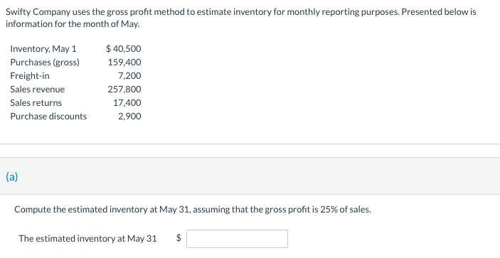 Solved Swifty Company uses the gross profit method to | Chegg.com