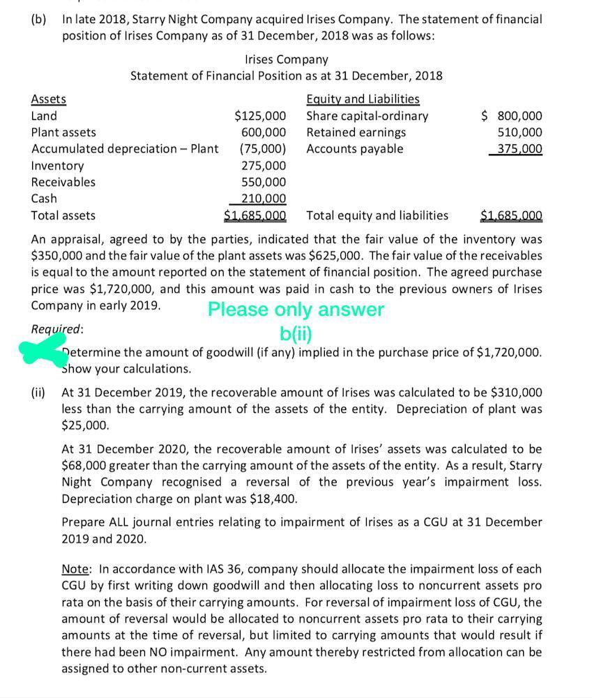 B In Late 18 Starry Night Company Acquired Ir Chegg Com