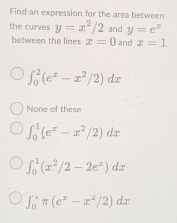 Find an expression for the area between the curves \( y=x^{2} / 2 \) and \( y=e^{x} \) between the lines \( x=0 \) and \( x=1