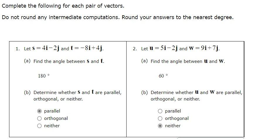 Solved Complete the following for each pair of vectors. Do | Chegg.com