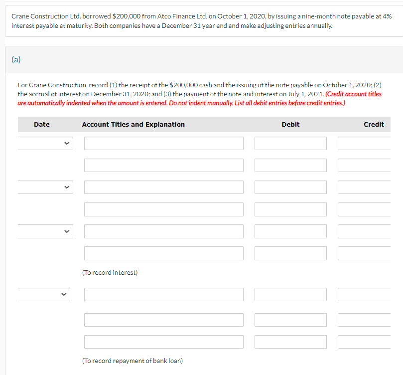 Solved Crane Construction Ltd. borrowed $200,000 from Atco | Chegg.com