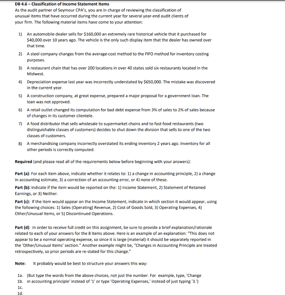 DB 4.6 - Classification of Income Statement Items As | Chegg.com