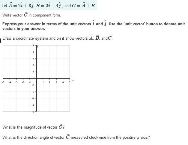 Solved Let A=2i^+3j^,B=2i^−4j^, and C=A+B Write vector C in | Chegg.com