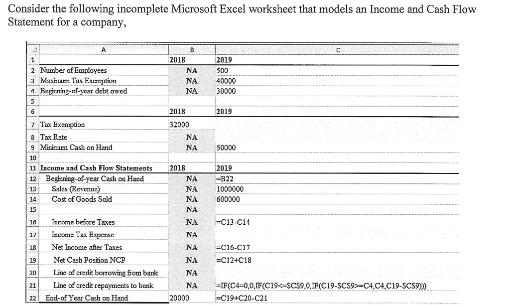 Consider the following incomplete Microsoft Excel | Chegg.com