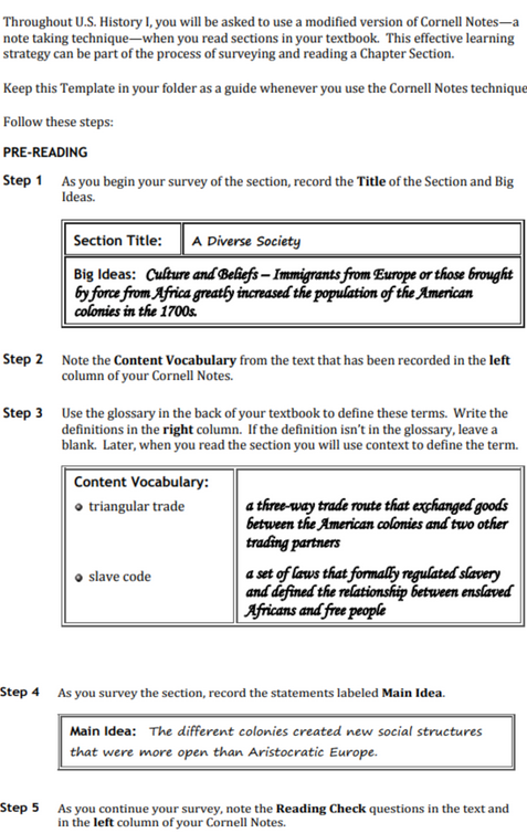 cornell notes template history
