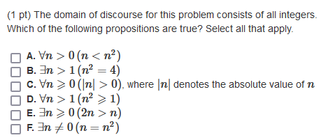 Solved (1 pt) The domain of discourse for this problem | Chegg.com