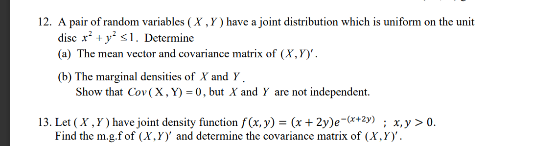 Solved 12. A pair of random variables (X,Y) have a joint | Chegg.com