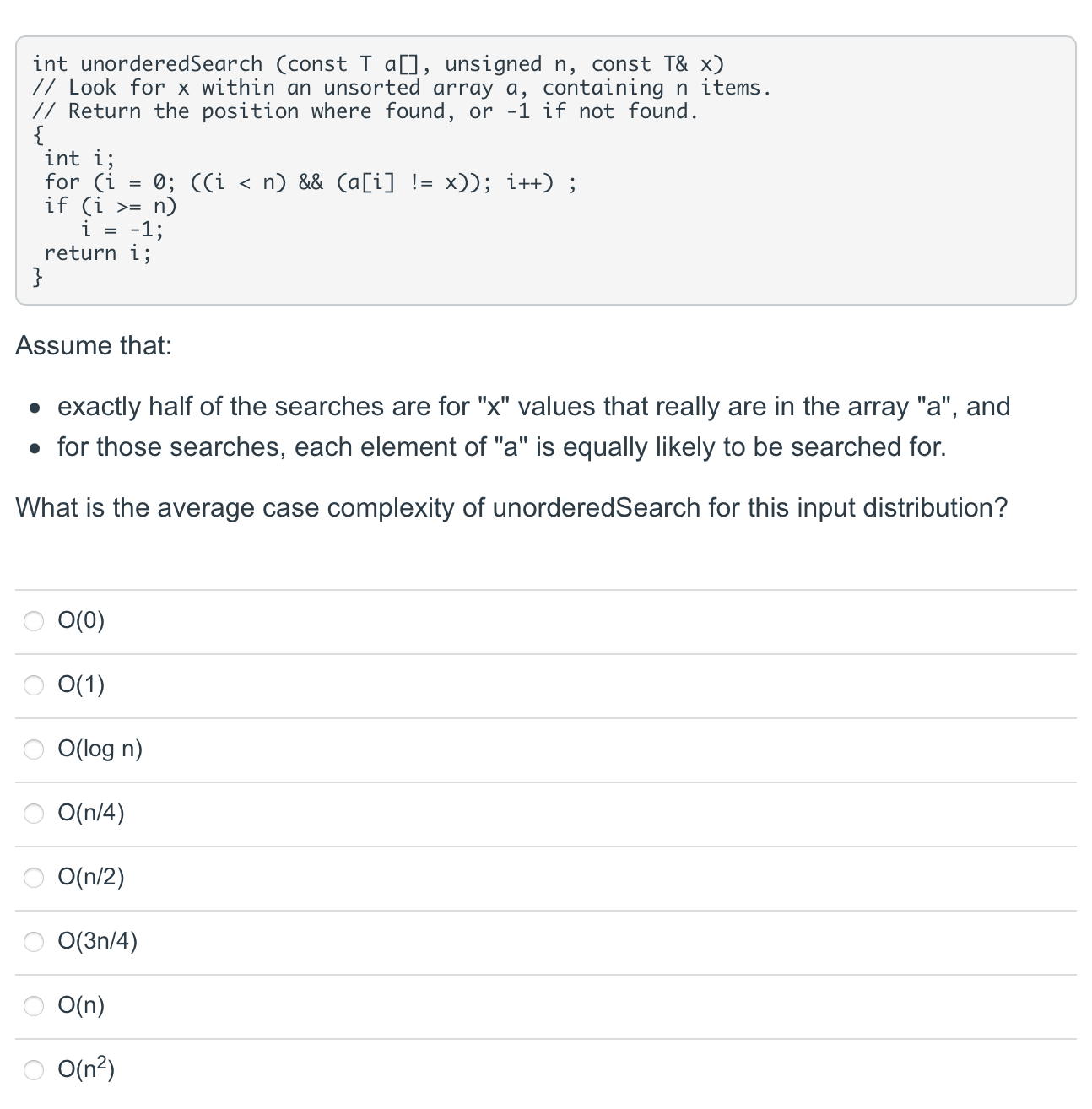 Solved int unorderedSearch (const Ta[], unsigned n, const | Chegg.com