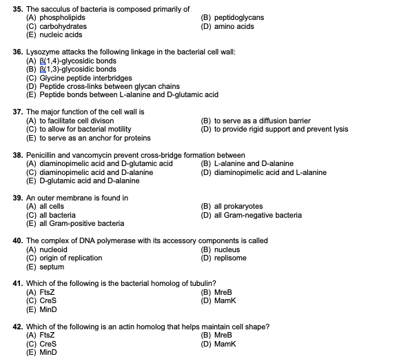 Solved 35. The sacculus of bacteria is composed primarily of | Chegg.com