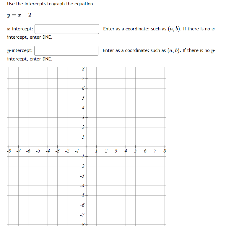 Solved Use the intercepts to graph the equation. y=x-2 Enter | Chegg.com