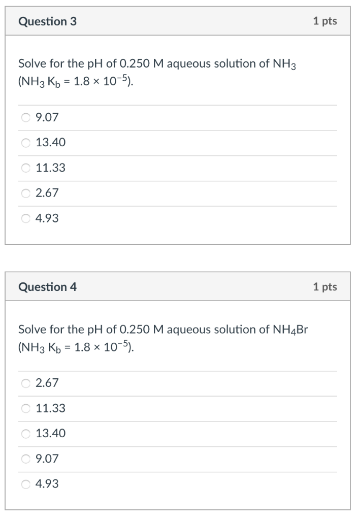 Solved Question 3 1 pts Solve for the pH of 0.250 M aqueous | Chegg.com