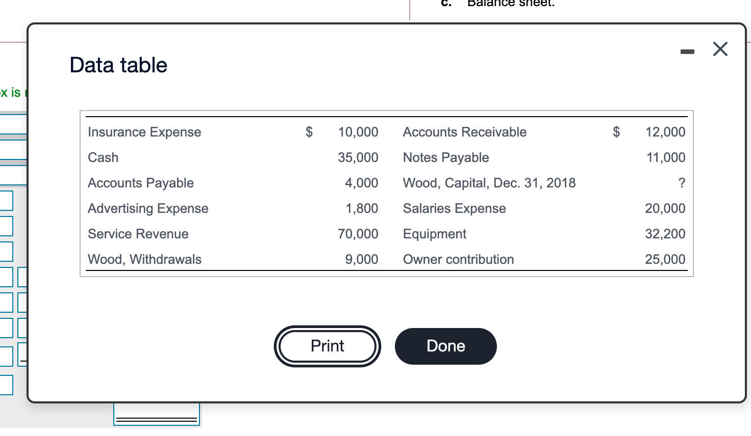 Solved c. balance sheet. Х Data table x is Insurance Expense | Chegg.com