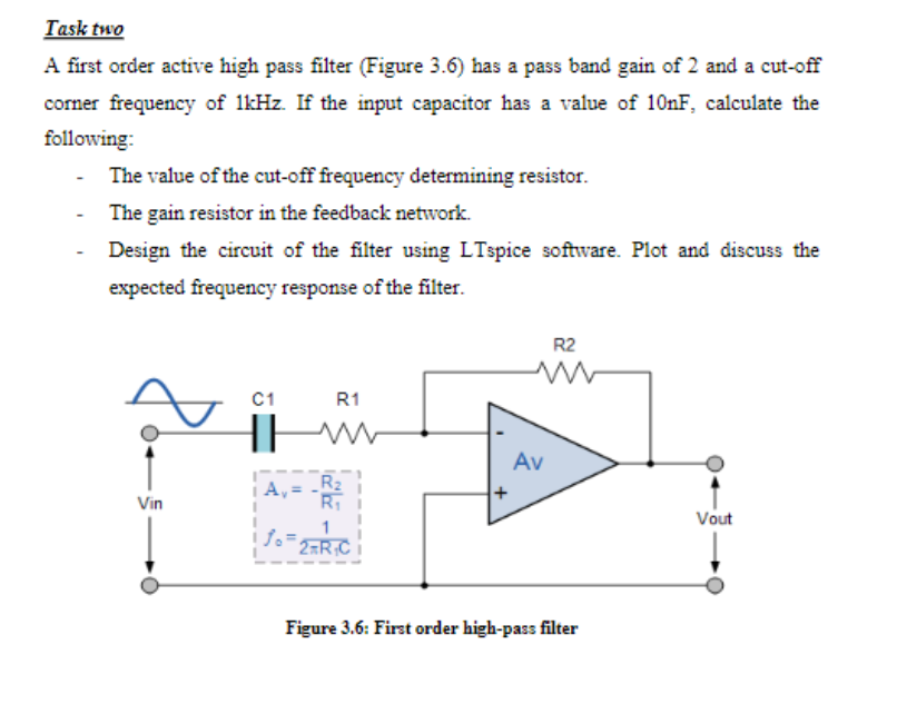 Solved Task two A first order active high pass filter | Chegg.com