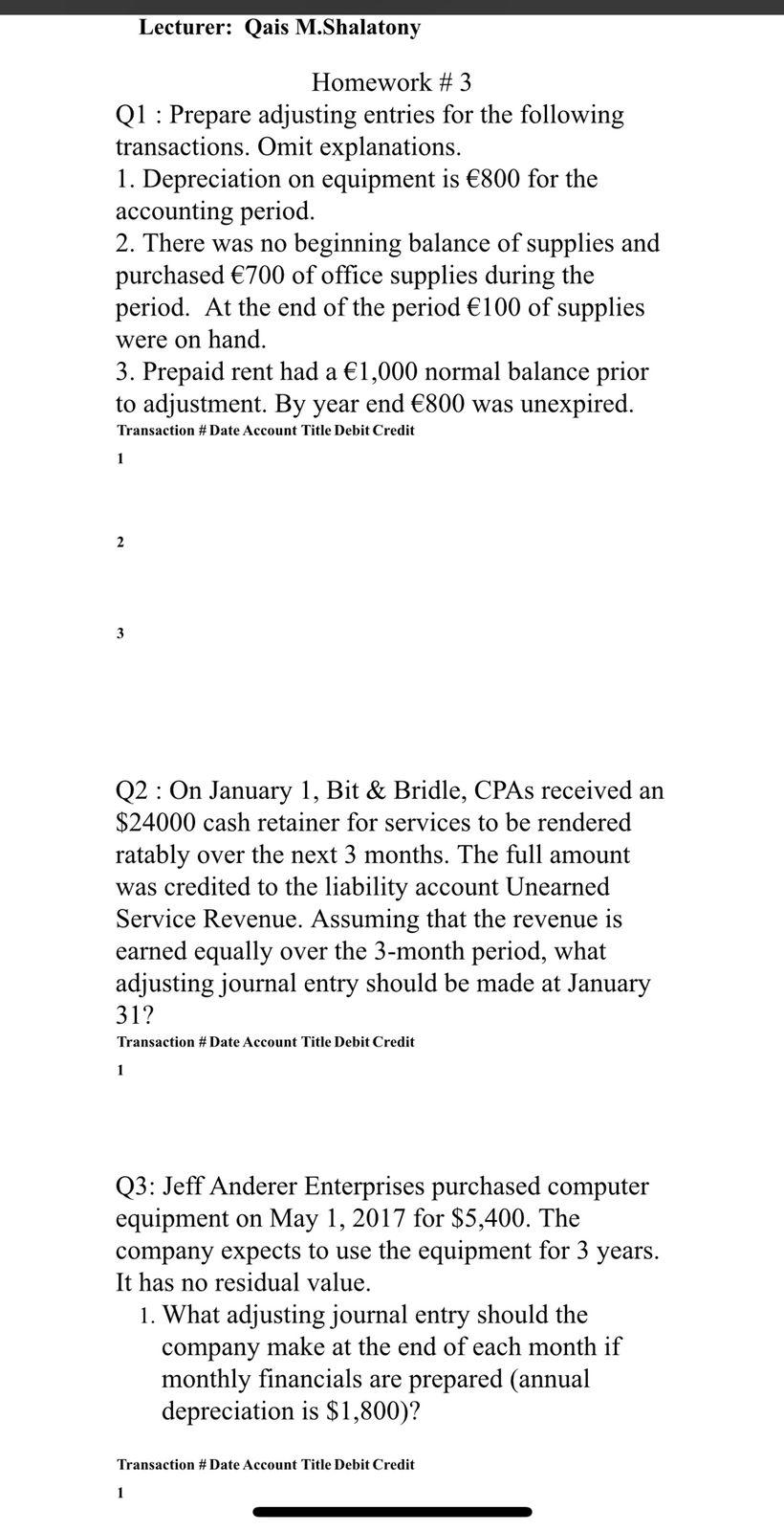 Solved Lecturer: Qais M.Shalatony Homework # 3 Q1 : Prepare 