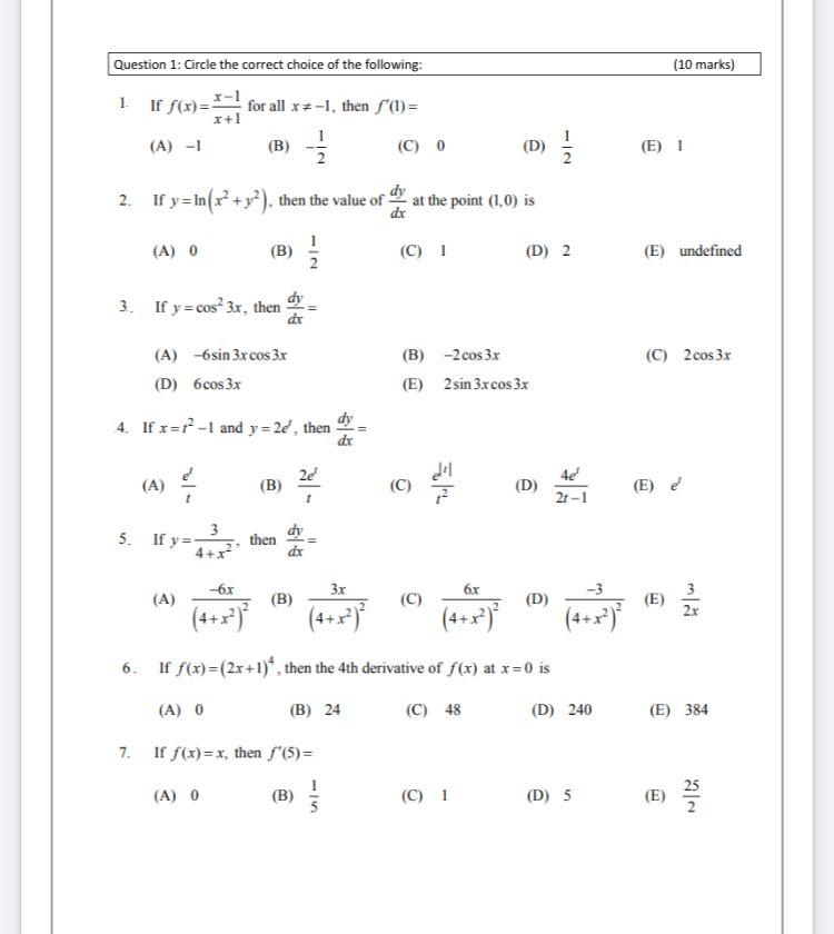 Solved (10 marks) Question 1: Circle the correct choice of | Chegg.com