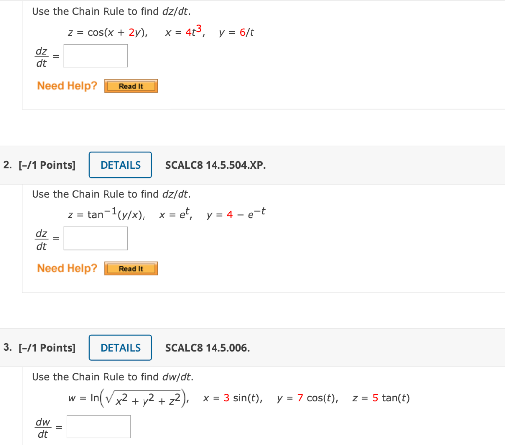 Solved Use the Chain Rule to find dz/dt. z = cos(x + 2y), x