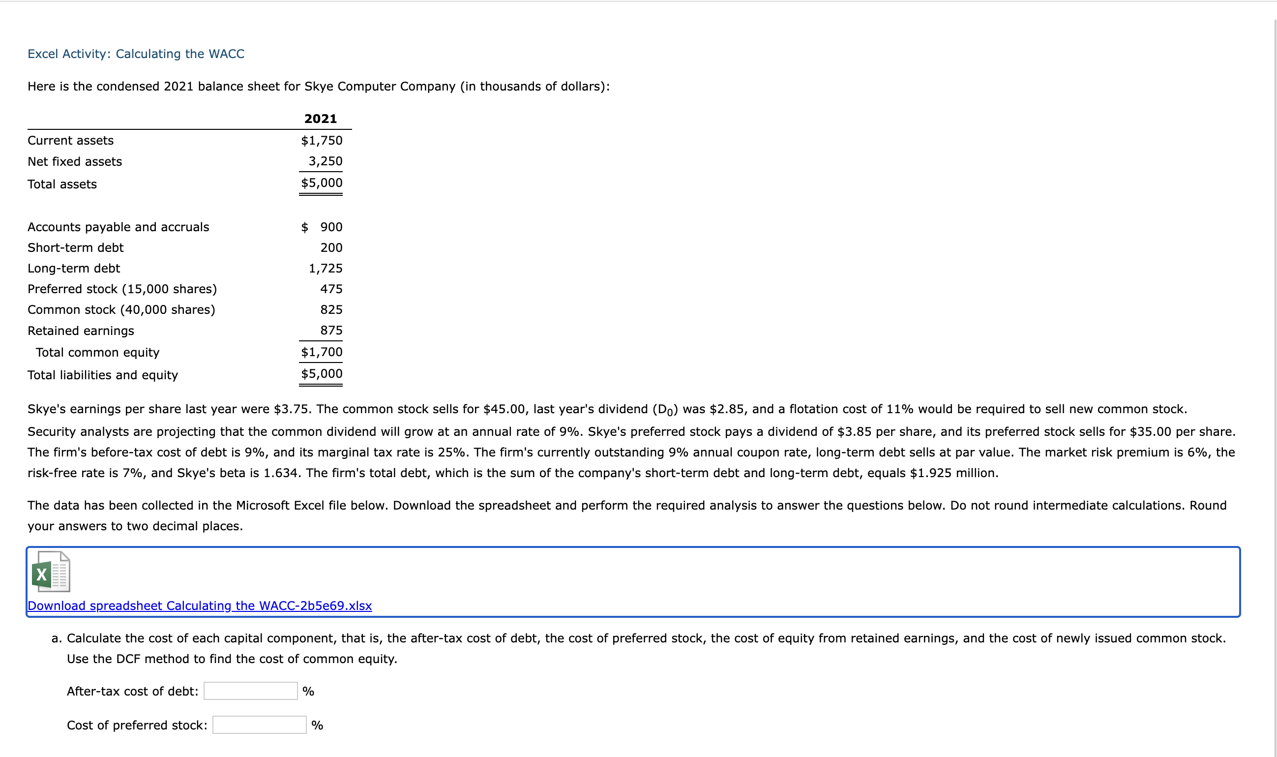 Solved Excel Activity Calculating The Wacc Here Is The 3753