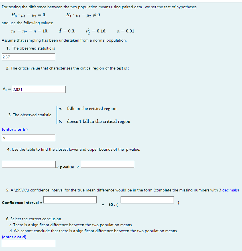 Solved For testing the difference between the two population | Chegg.com