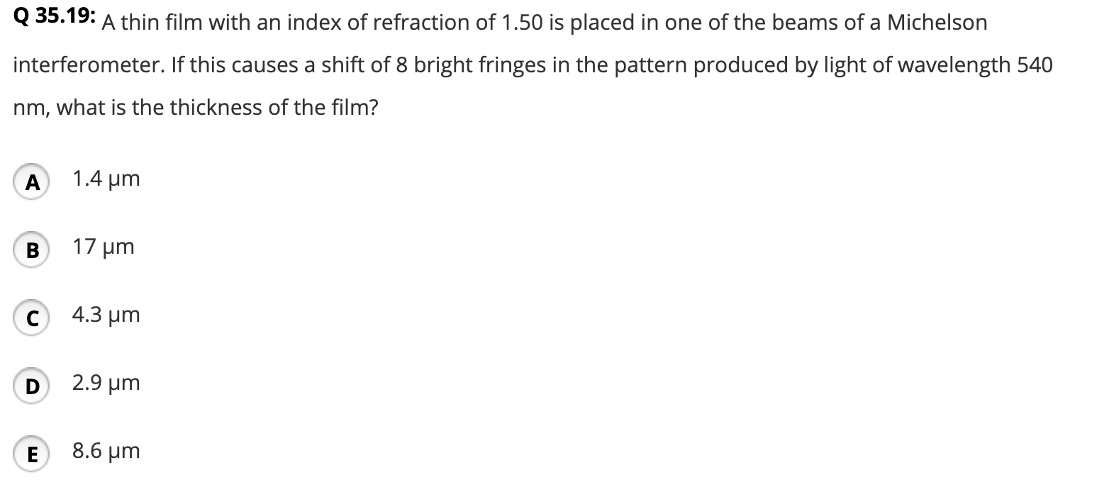 Solved Q 35.19: A thin film with an index of refraction of | Chegg.com