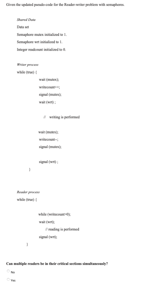 Solved Given the updated pseudo-code for the Reader-writer | Chegg.com