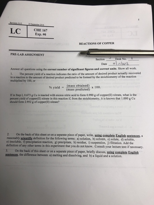 Solved Revision 44 CHE 167 Exp. #6 REACTIONS OF COPPER | Chegg.com