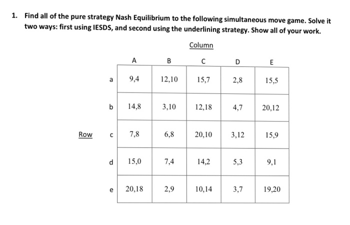 Solved 1. Find all of the pure strategy Nash Equilibrium to | Chegg.com