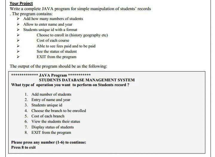 Your Project Write a complete JAVA program for simple | Chegg.com