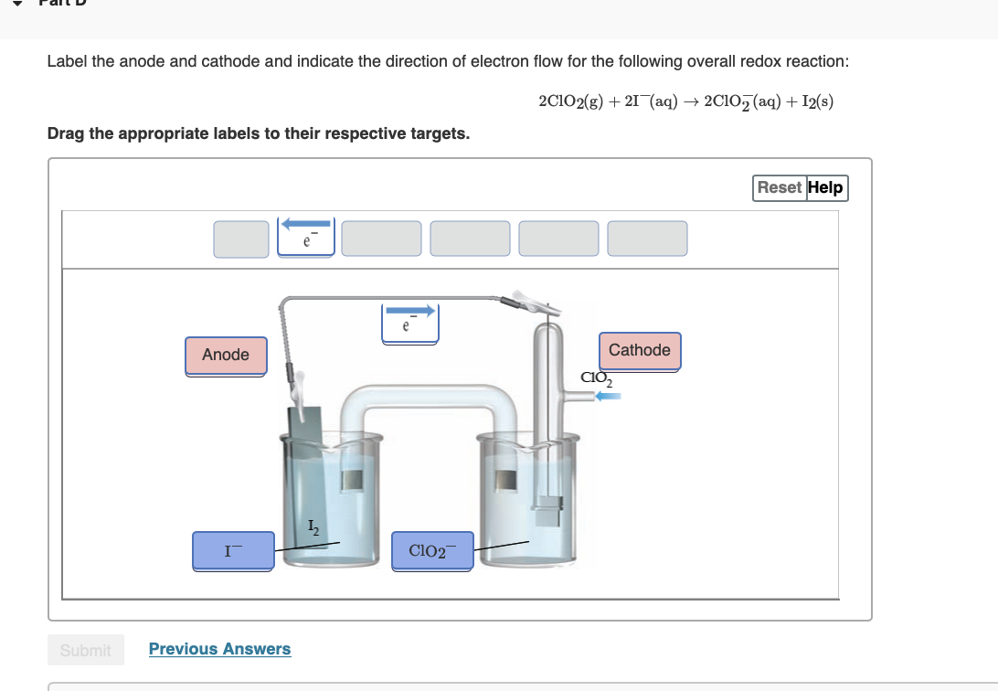 Label the anode and cathode and indicate the direction of electron flow for the following overall redox reaction:
2C1O2(g) + 