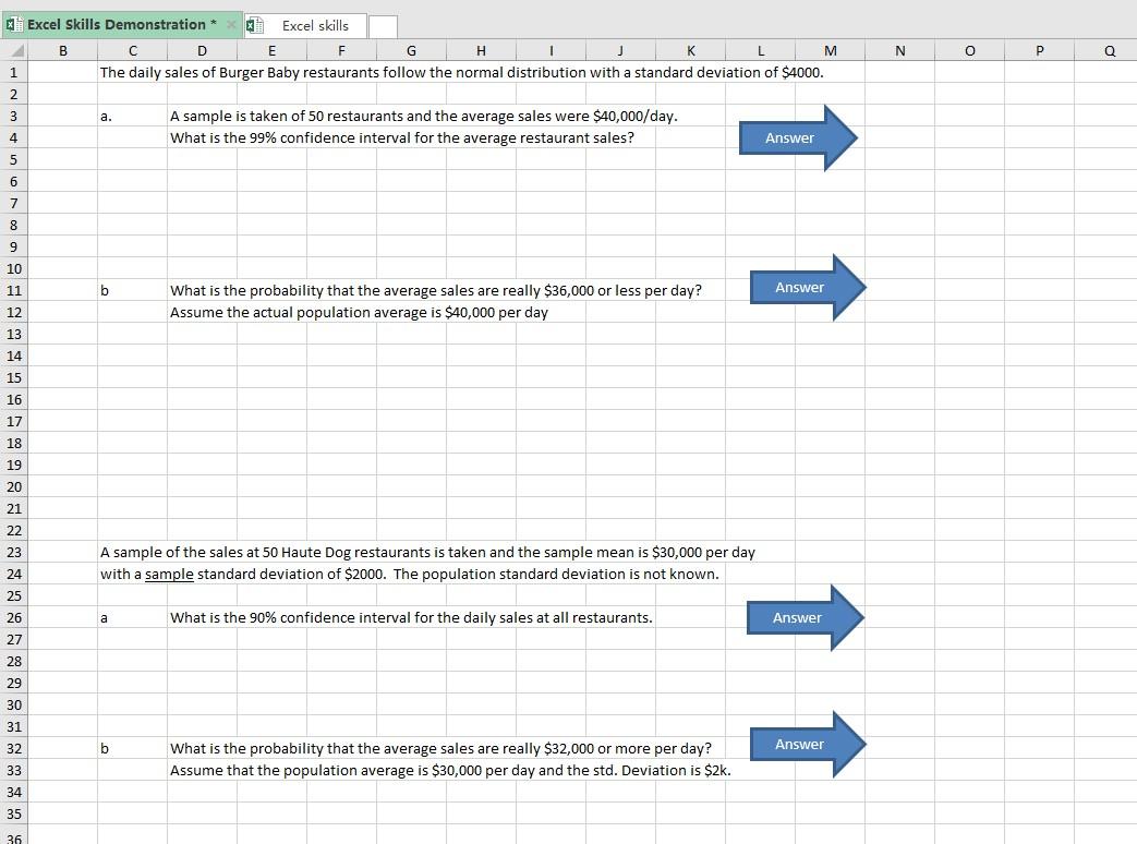 Solved Excel Skills Demonstration * Excel skills F B C D E G | Chegg.com