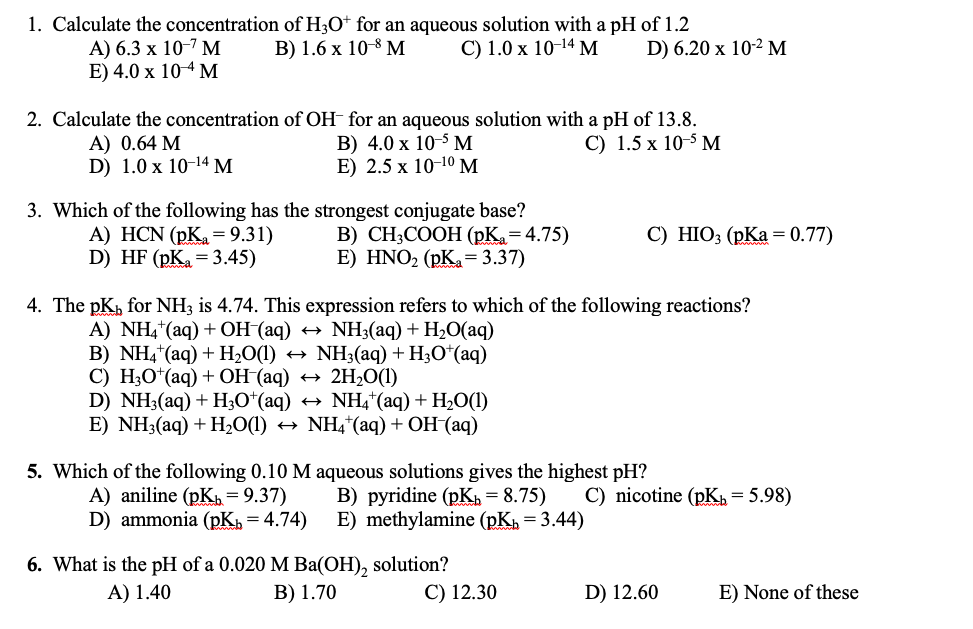 Solved 1. Calculate the concentration of H3O+ for an aqueous | Chegg.com