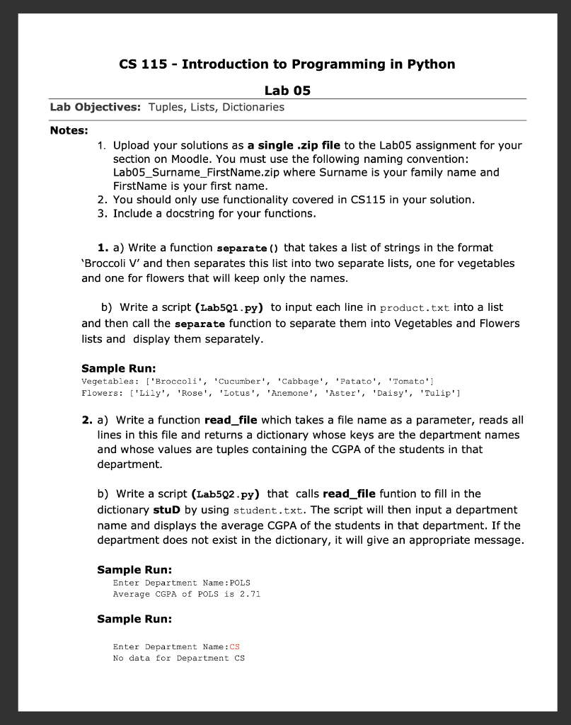 Solved CS 115 - Introduction to Programming in Python Lab 05 | Chegg.com
